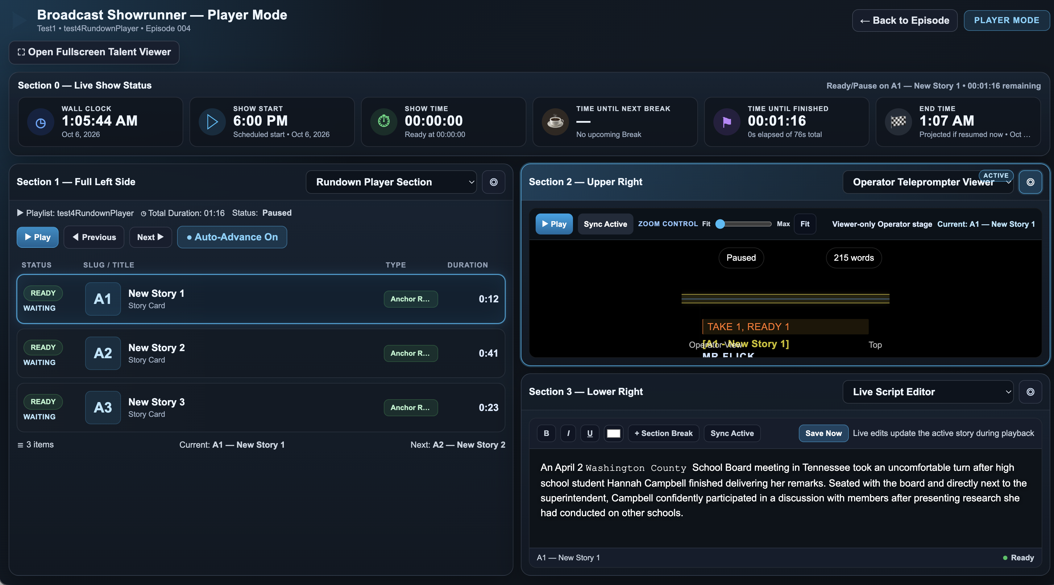 Broadcast Showrunner Player Mode
