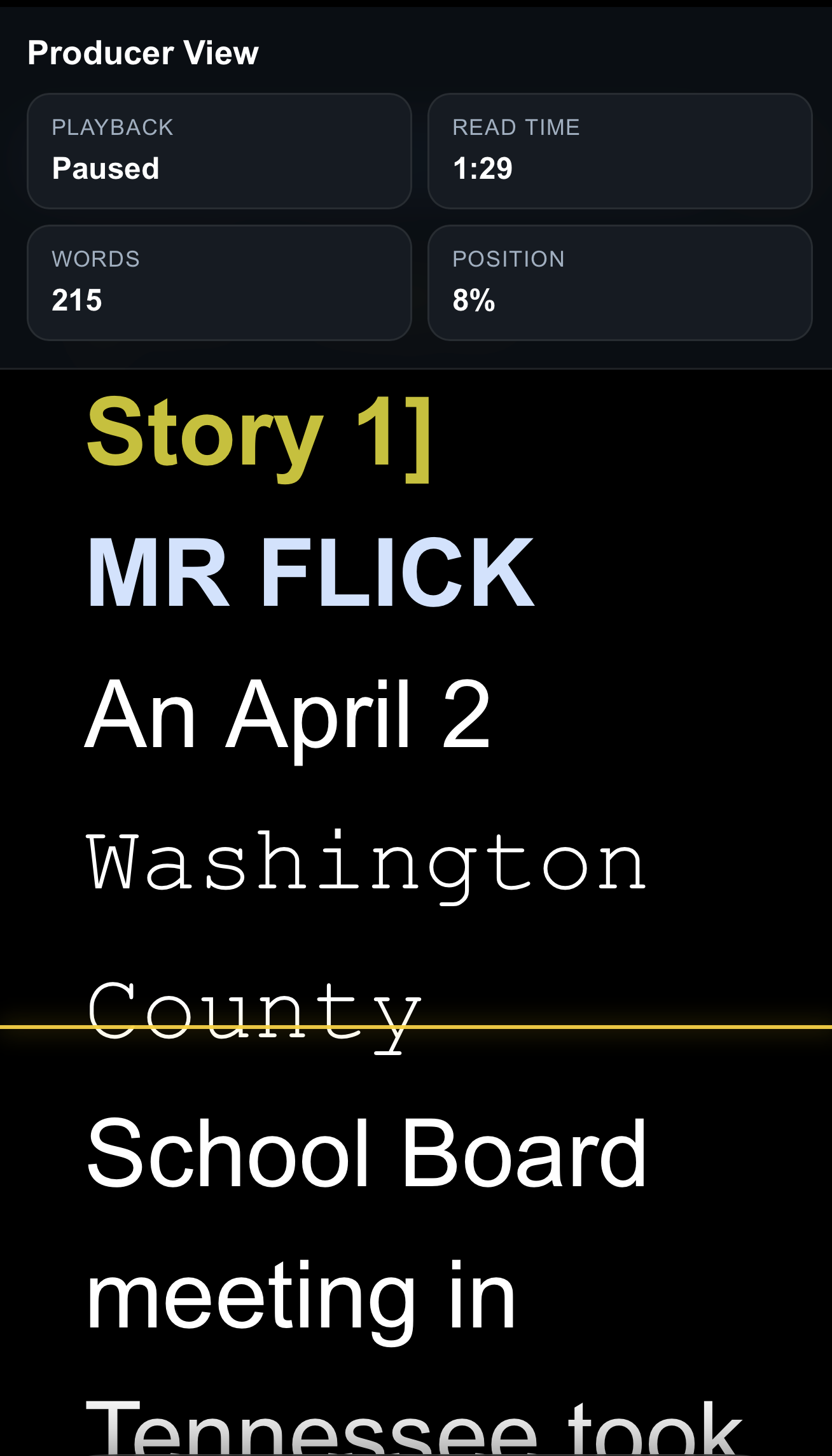Producer script view displayed in an iPhone frame